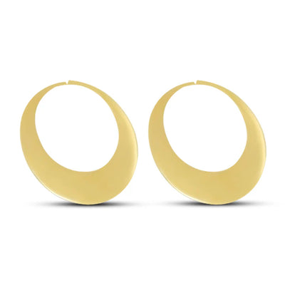 Angled view showing the curved edges of Full Moon Gold Metal Hoop Earrings.