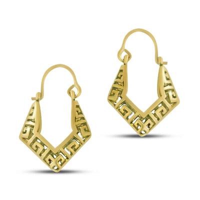 Angled view of Gold Filled Greek Key Small Oval Hoop Earrings with smooth edges.