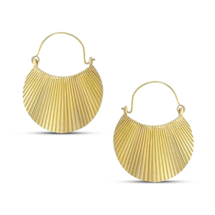 Angled view of Gold Scallop Shaped Drop Earrings showing fine ridged detailing.