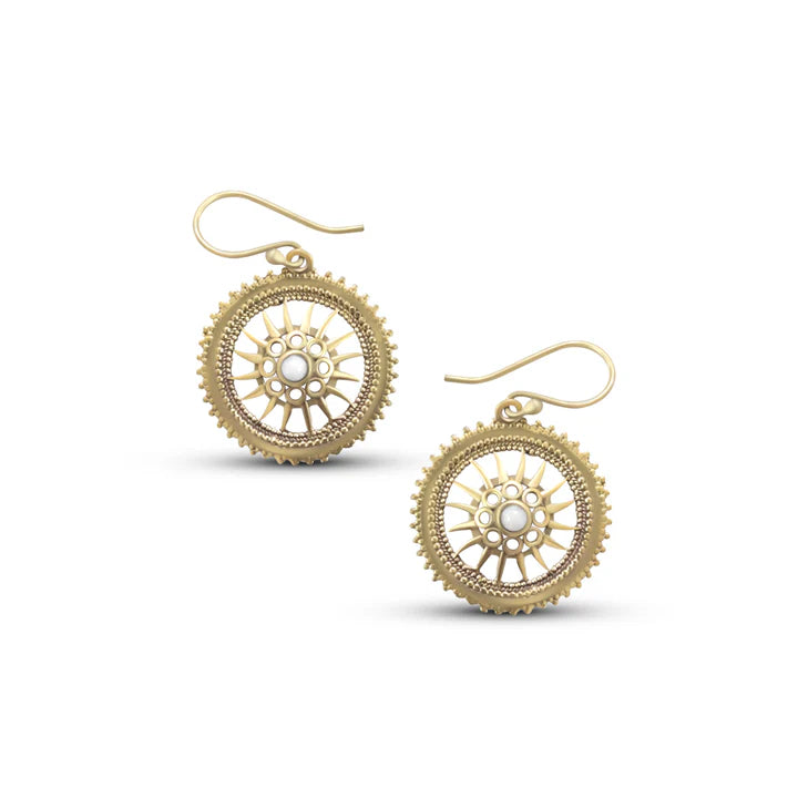Angled view of small gold chakra center hook earrings with sparkling white crystal centerpiece.