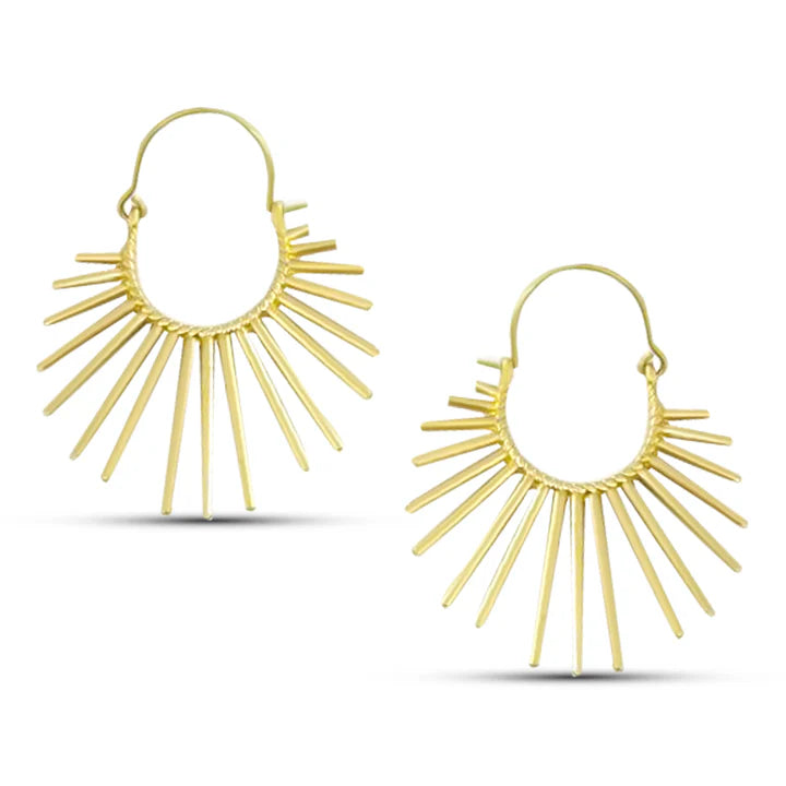 Angled view of Sunburst Art Deco Gold Drop Earrings showing detailed sunray pattern.