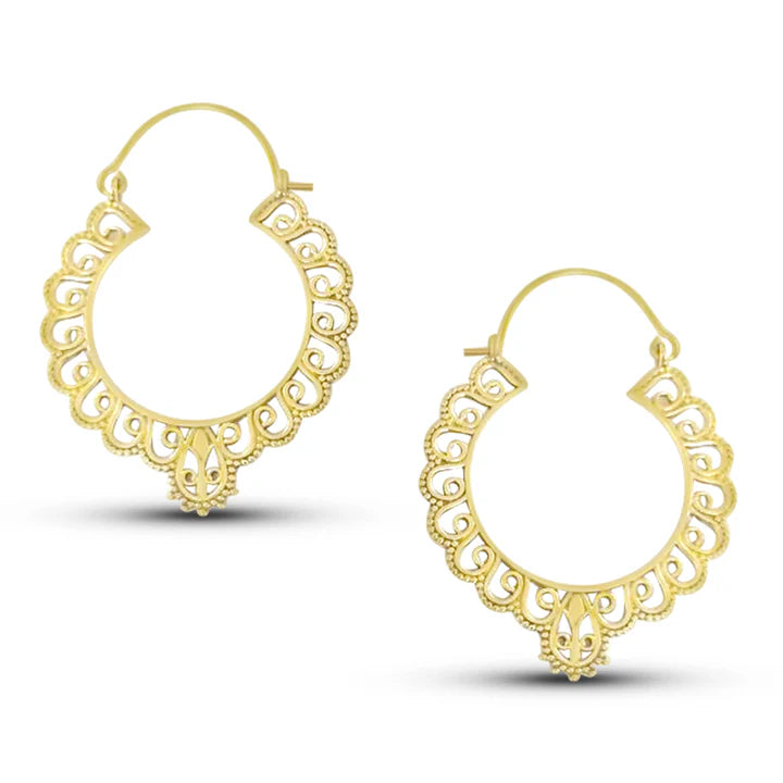Angled view of Tribal Flower Gold Plated Round Gypsy Hoops showing intricate etching. 