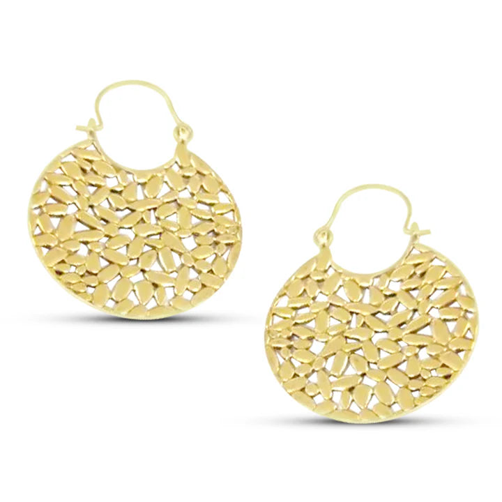 Angled view of Tribal Hammered Bohemian Filigree Earrings showing intricate golden texture.