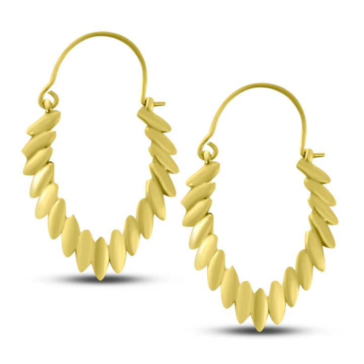 Angled view showing detailed leaf pattern of Tribal Leaves Drop Gold Plated Hoop Earrings.
