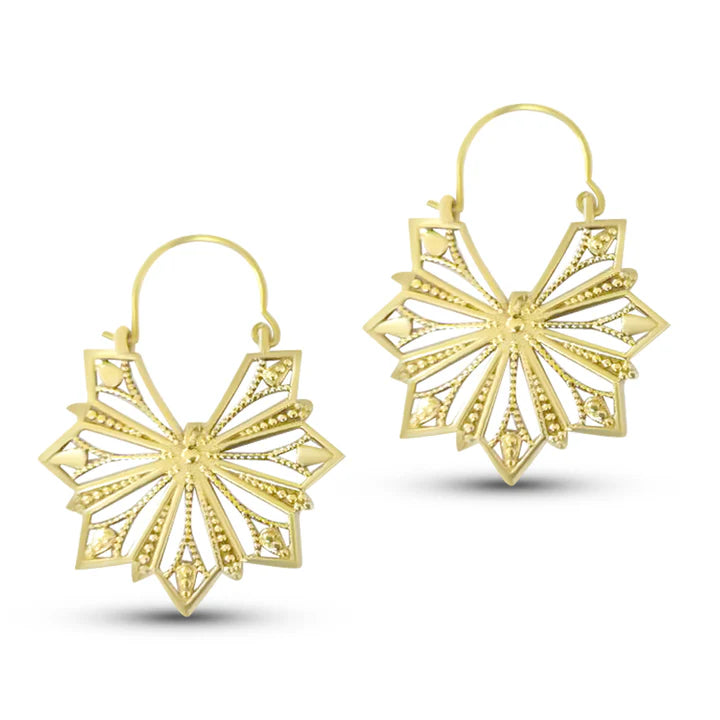 Angled view of Vintage Geometric Gold Metal Hollow Flower Drop Earrings showing intricate petal design.