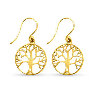 Gold tree of life earrings with circular cutout design, symbolic minimalist jewelry.