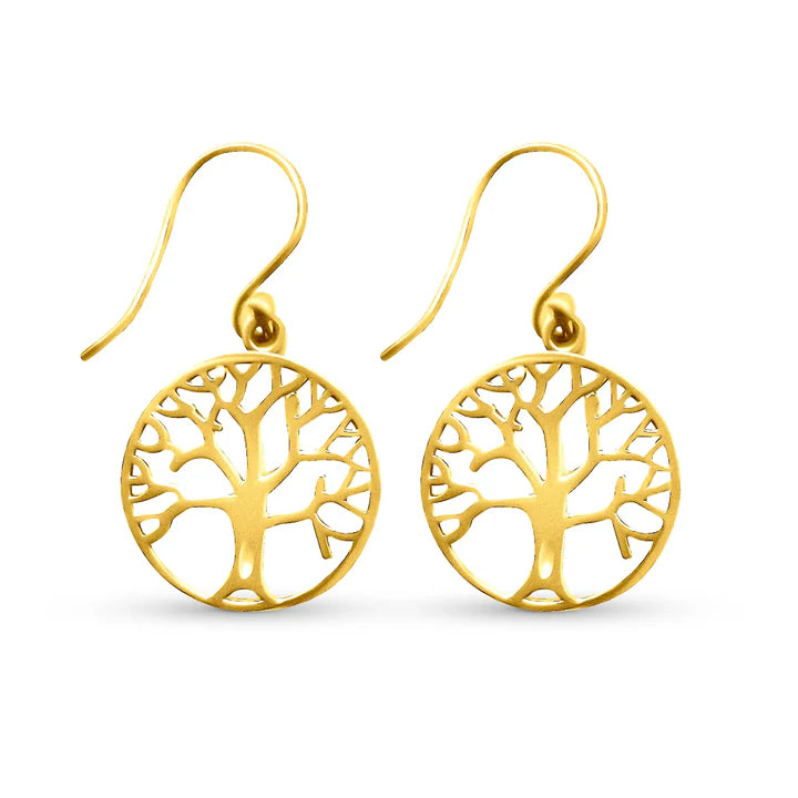 Gold tree of life earrings with circular cutout design, symbolic minimalist jewelry.