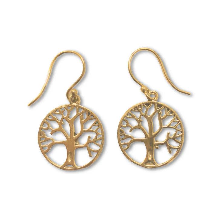 Pair of gold tree of life earrings displayed side by side, polished finish.