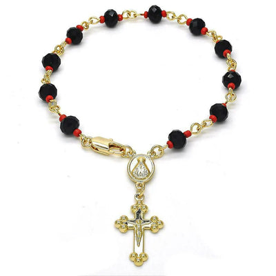 Front view of Black and Red Evil Eye Cross Rosary Bracelet with gold chain and beads.