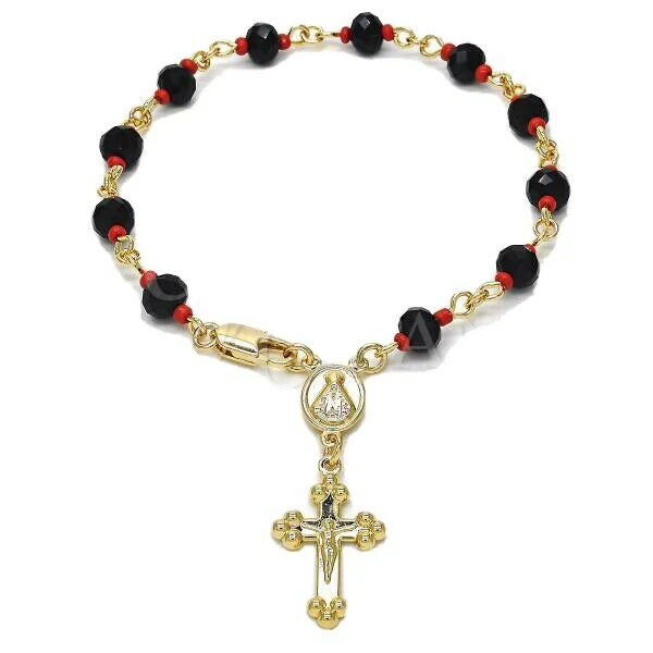 Gold plated cross charm rosary bracelet with alternating black and red beads.