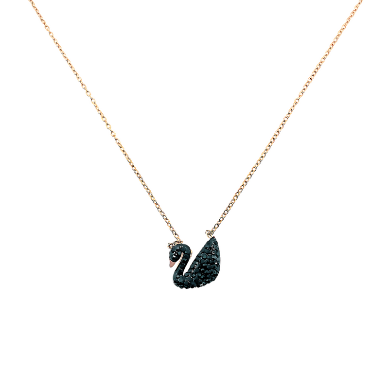 A rose gold chain necklace with a black swan pendant, displayed on a white background.