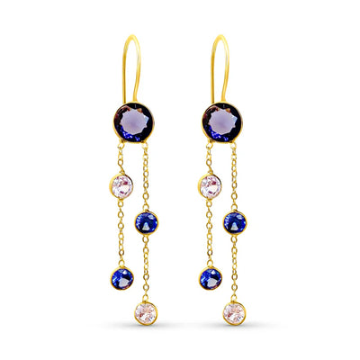 Front view of blue crystal linear drop earrings with gold detailing, modern chic style.