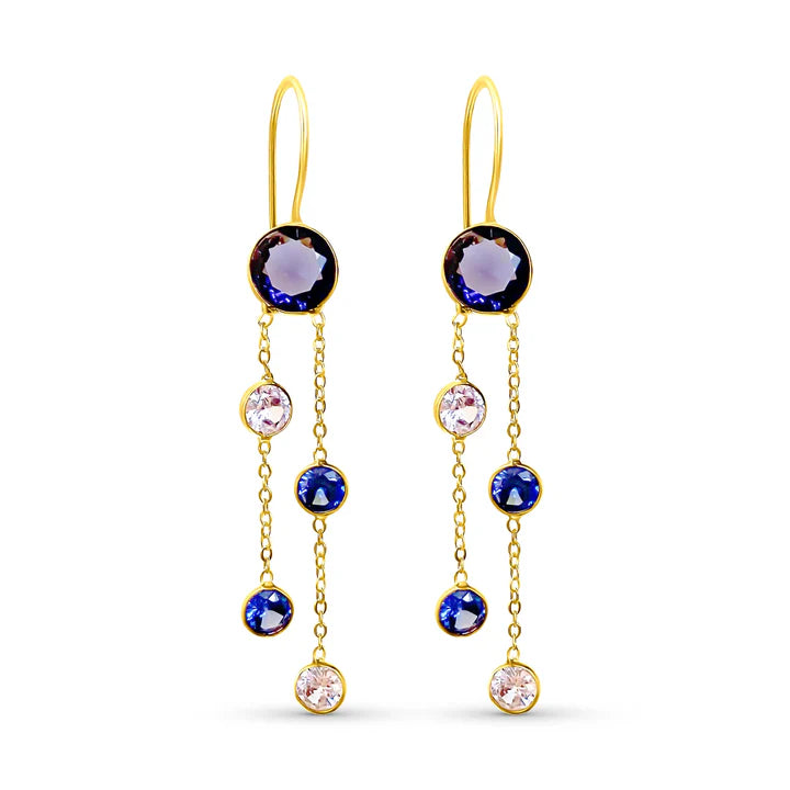 Front view of blue crystal linear drop earrings with gold detailing, modern chic style.