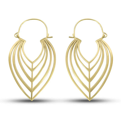 Front view of bohemian minimalist gold tone leaf earrings with layered open design.