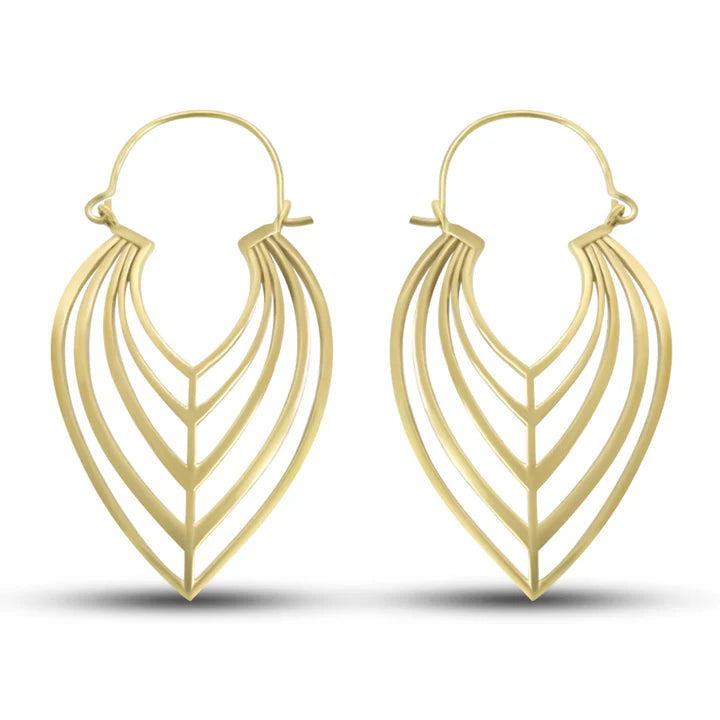 Front view of bohemian minimalist gold tone leaf earrings with layered open design.