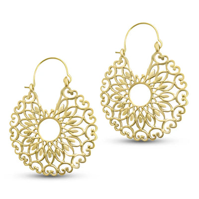 Close-up of Sunflower Abstract Geometric Golden Drop Earrings showing fine golden detailing.