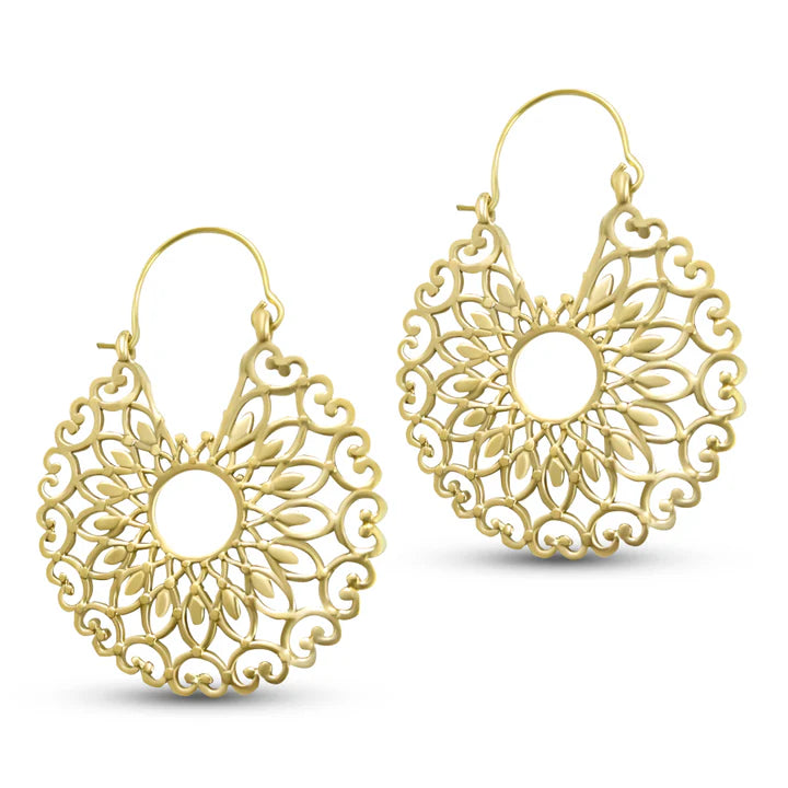 Close-up of Sunflower Abstract Geometric Golden Drop Earrings showing fine golden detailing.