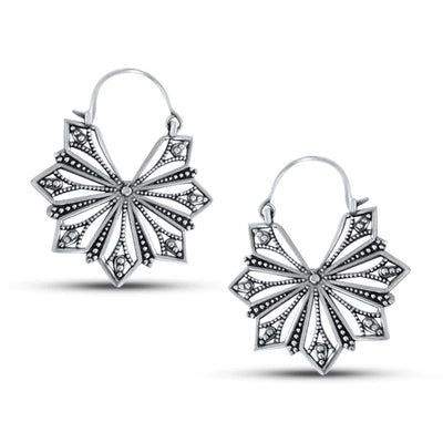Closeup of Vintage Geometric Beaded Flower Drop Hoop Earrings highlighting intricate craftsmanship.