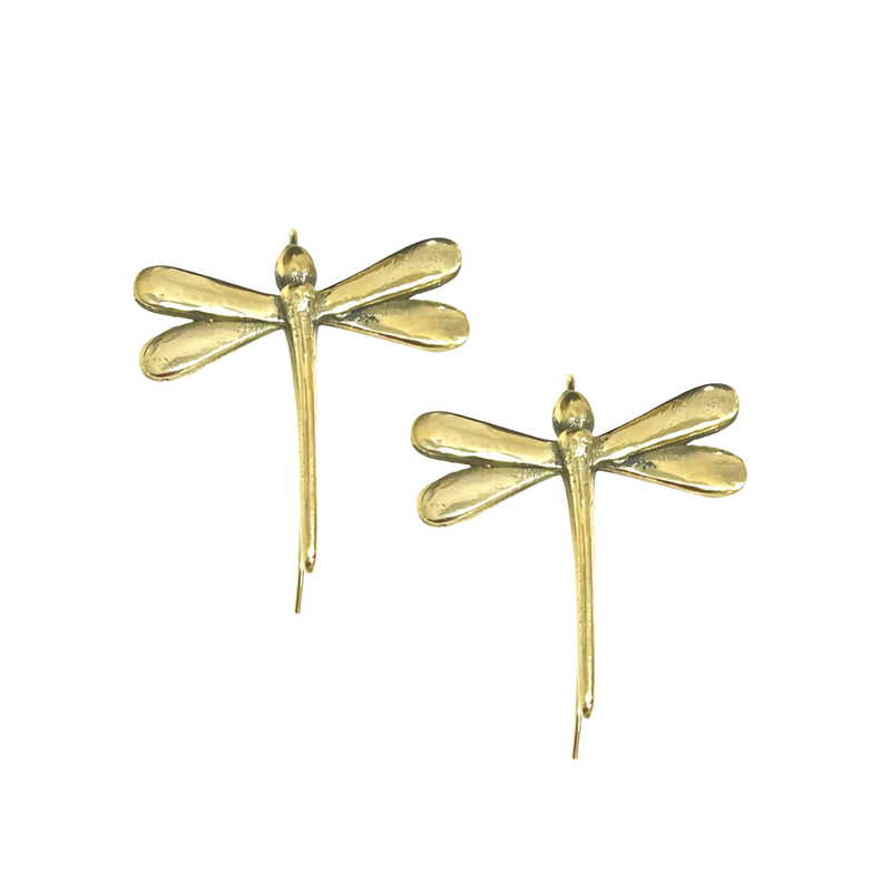 Gold-plated dragonfly drop earrings with detailed wings .Handcrafted.
