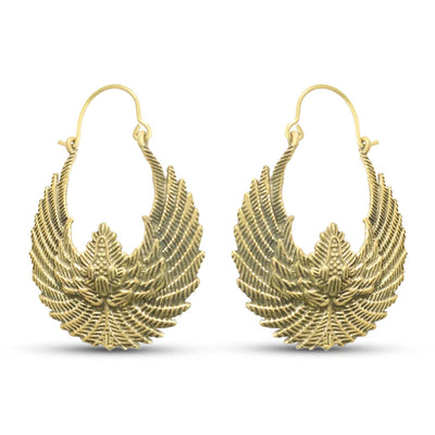 Front view of Egyptian Bird Wings Gold Tone Hoop Earrings with intricate feather design.