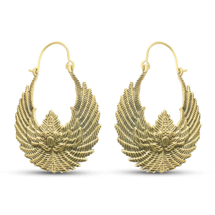 Front view of Egyptian Bird Wings Gold Tone Hoop Earrings with intricate feather design.