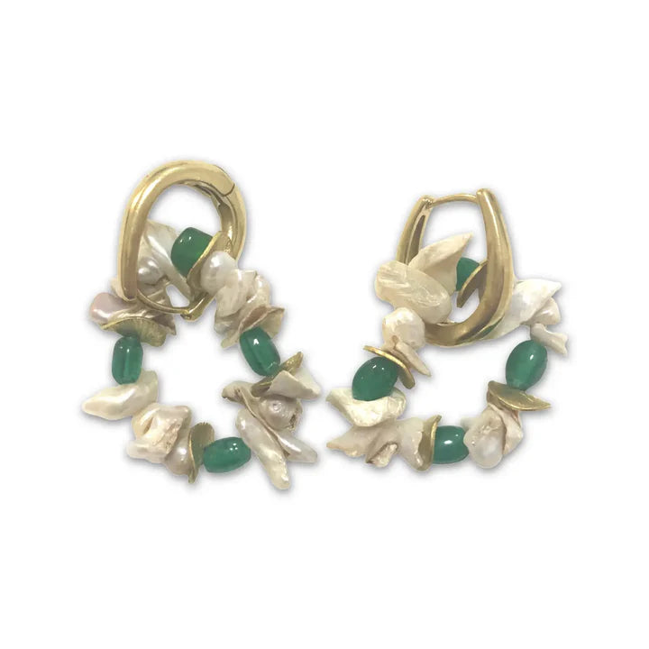 Front view of gold-plated emerald and pearl cluster hoop earrings, modern elegant design.