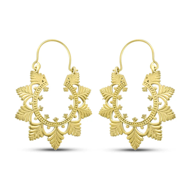 Front view of gold Evergreen Creole Leaf hoop earrings showing floral leaf design.