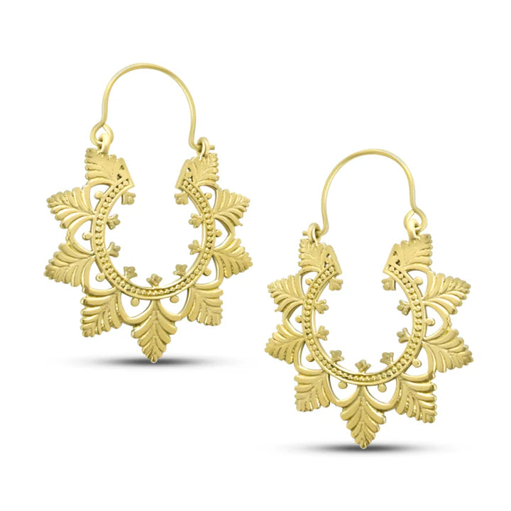 Side view of gold Evergreen Creole Leaf hoop earrings emphasizing handcrafted detailing.