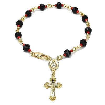 Top view of Evil Eye Cross Rosary Bracelet arranged in circular pattern.