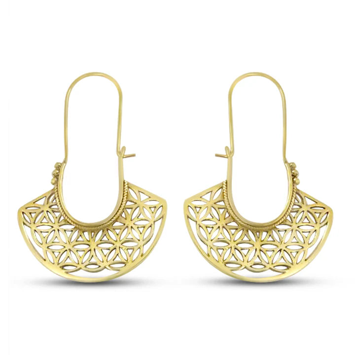 Front view of Flower Of Life Gold Metal Drop Earrings with sacred geometric pattern.