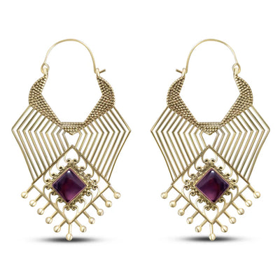 Front view of geometric beaded purple labradorite stone drop earrings in gold tone metal.