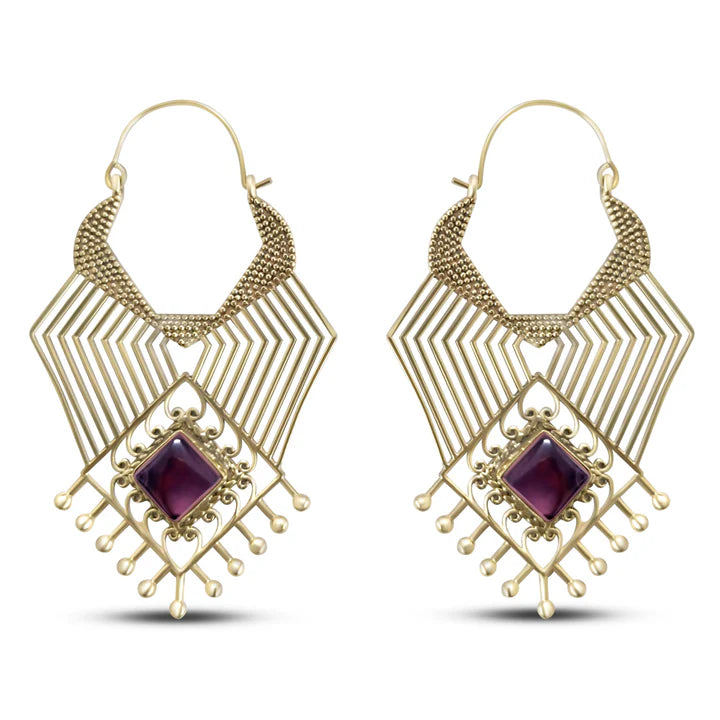Front view of geometric beaded purple labradorite stone drop earrings in gold tone metal.