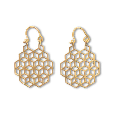 Gold geometric honeycomb drop earrings with open hexagon pattern, modern lightweight design.