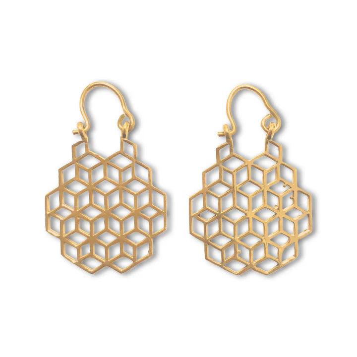 Gold geometric honeycomb drop earrings with open hexagon pattern, modern lightweight design.