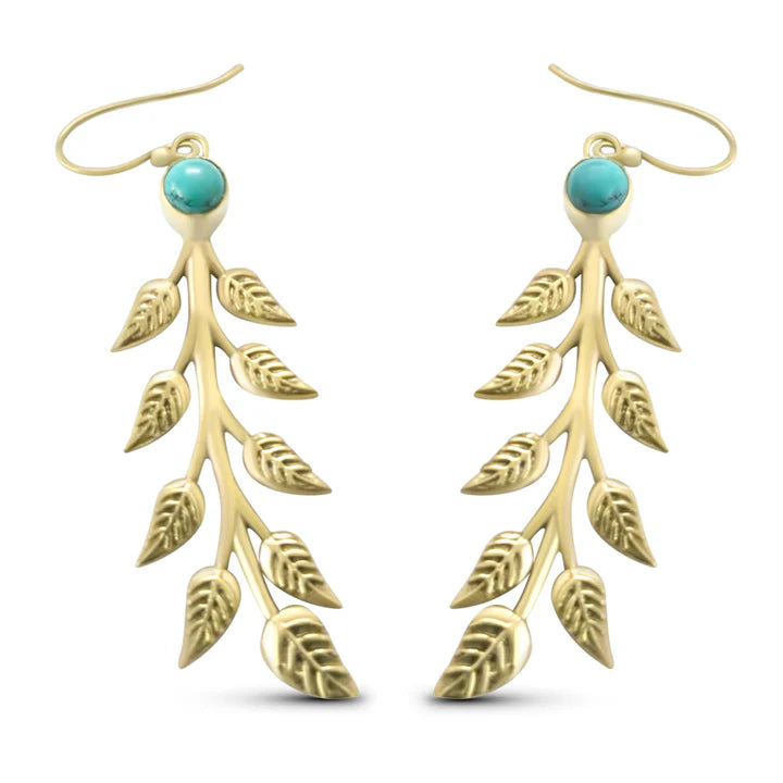 Front view of Gold Caesar Leaf drop earrings featuring blue turquoise stone and fish hook design.