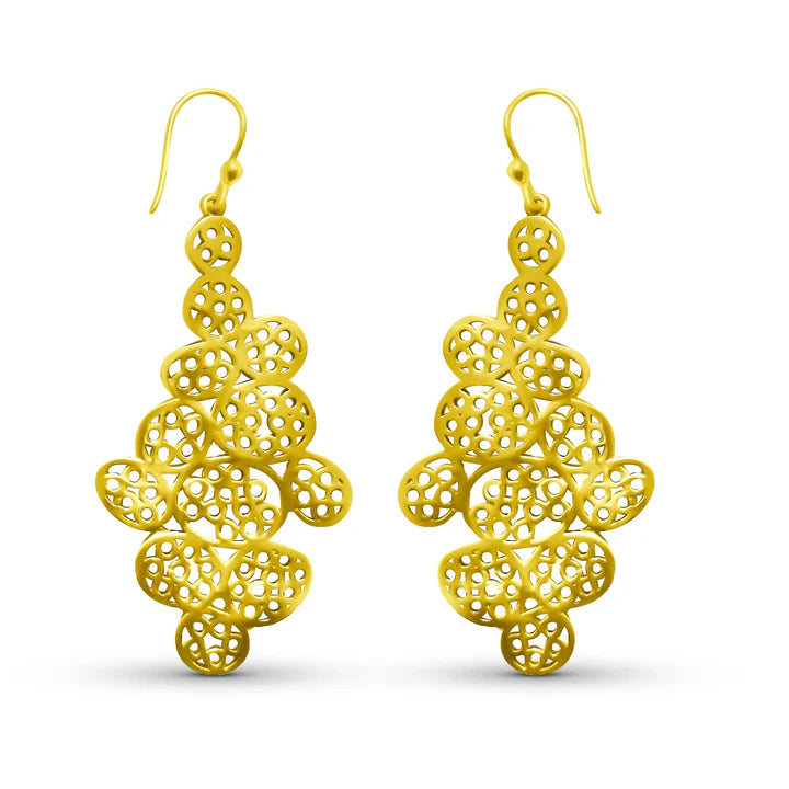 Gold filigree leaf drop earrings with intricate cutout design, lightweight statement style.