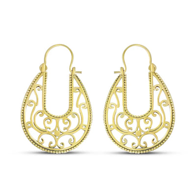 Front view of Gold Filigree Peacock Hoop Earrings with intricate peacock-inspired design.