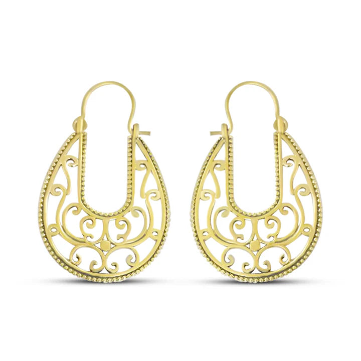 Front view of Gold Filigree Peacock Hoop Earrings with intricate peacock-inspired design.
