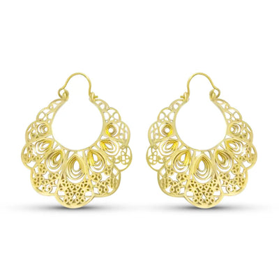 Front view of Gold Filigree Peacock Hoop Earrings with intricate peacock-inspired design.