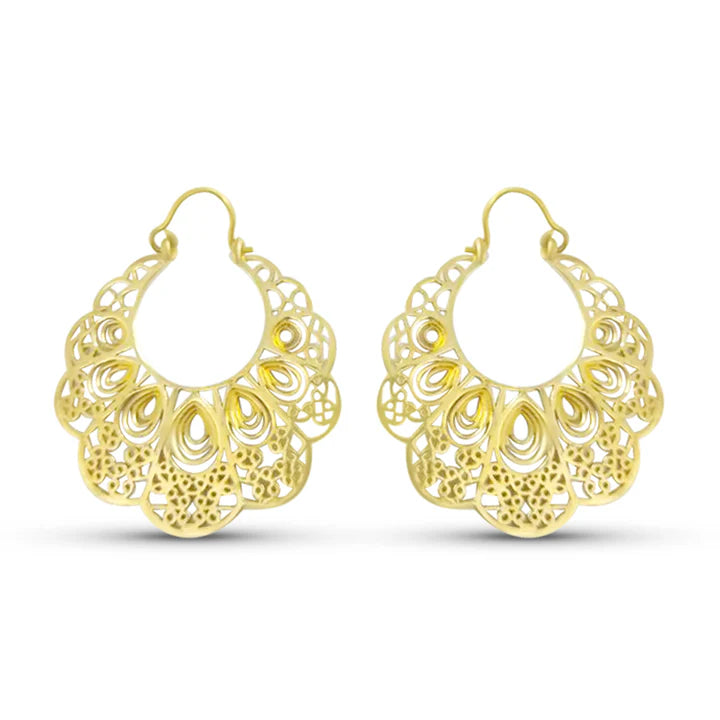 Front view of Gold Filigree Peacock Hoop Earrings with intricate peacock-inspired design.