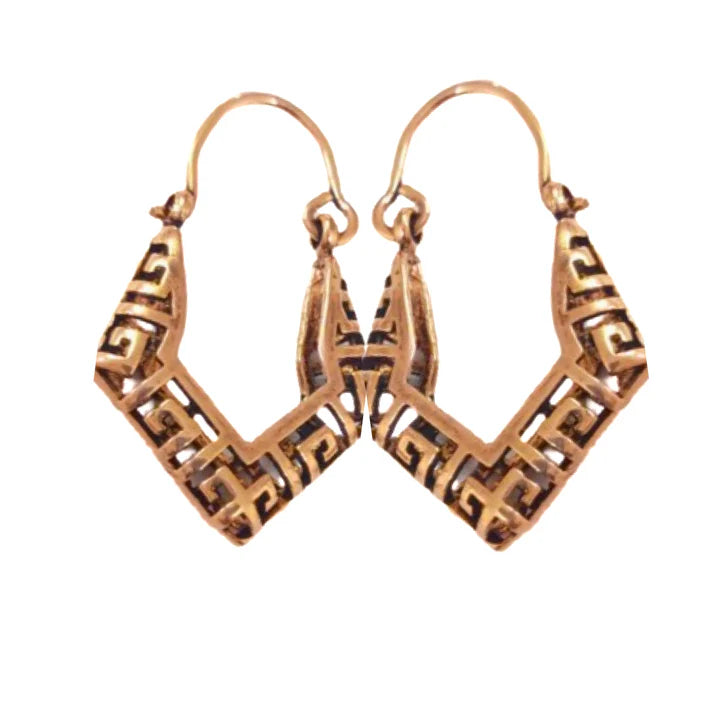 Front view of Gold Filled Greek Key Small Oval Hoop Earrings with geometric pattern.