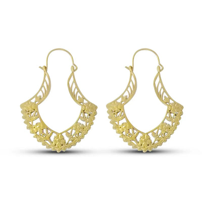 Front view of gold filled tribal flower hoop earrings with intricate floral carving.