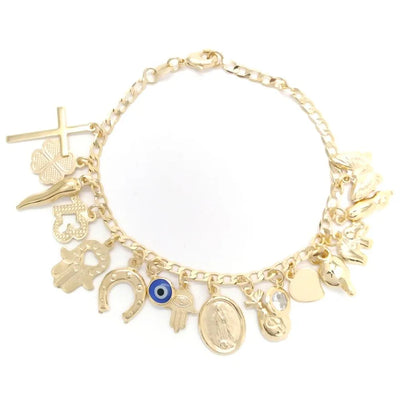 Gold finish evil eye charm bracelet featuring elephant, heart, Italian horn, and butterfly charms.