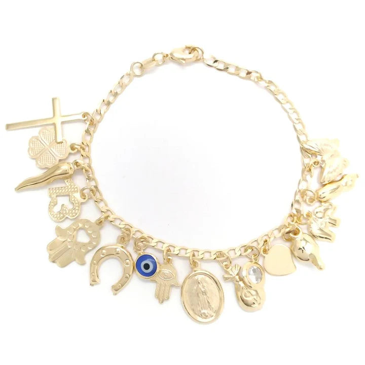 Gold finish evil eye charm bracelet featuring elephant, heart, Italian horn, and butterfly charms.