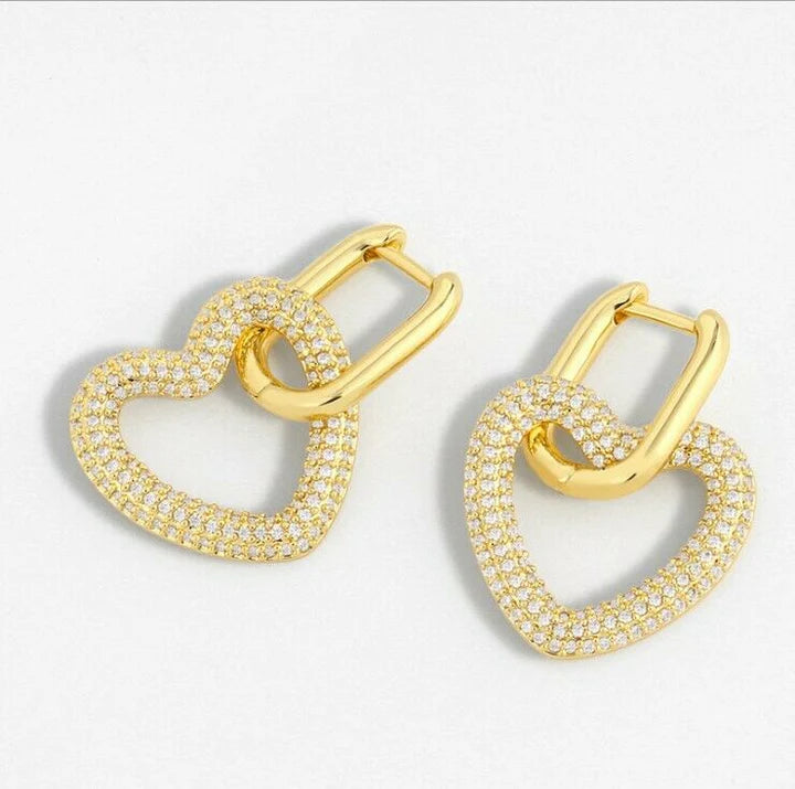 Shiny Gold Diamond Heart Hoop Earrings photographed on clean background.