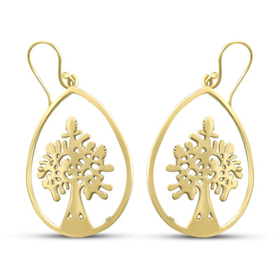 Front view of Gold Metal Tree of Life Teardrop Earrings with intricate nature-inspired design.