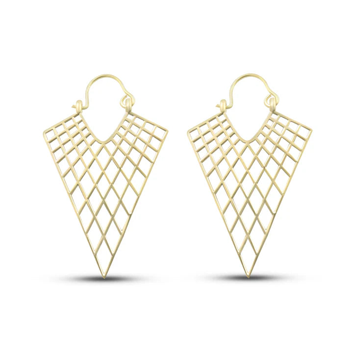 Front view of gold net drop hoops earrings with geometric mesh design.