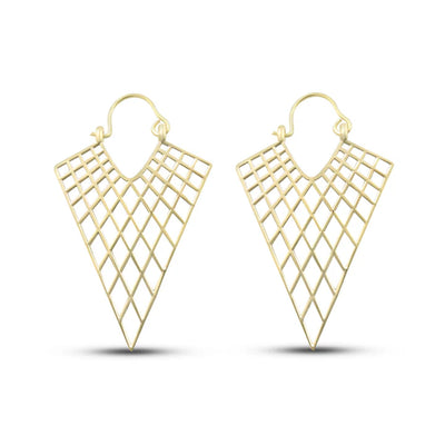 Side angle of gold net drop hoops earrings showing elegant mesh pattern.