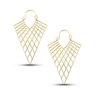 Close-up of gold plated net drop hoops earrings with lightweight design.