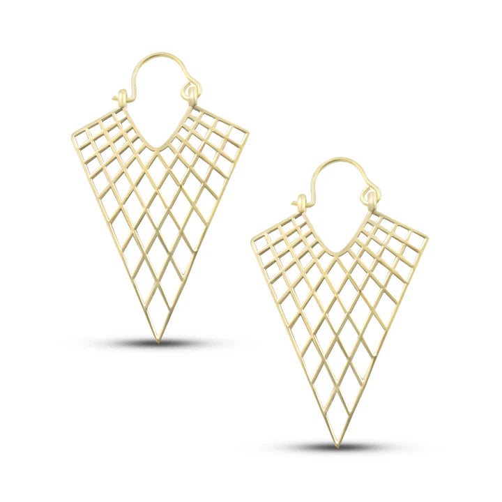 Close-up of gold plated net drop hoops earrings with lightweight design.